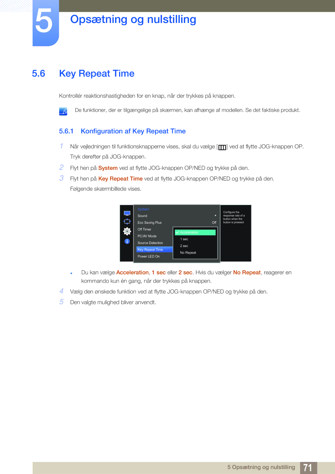 Samsung LS27E591CS/EN manual Konfiguration af Key Repeat Time 