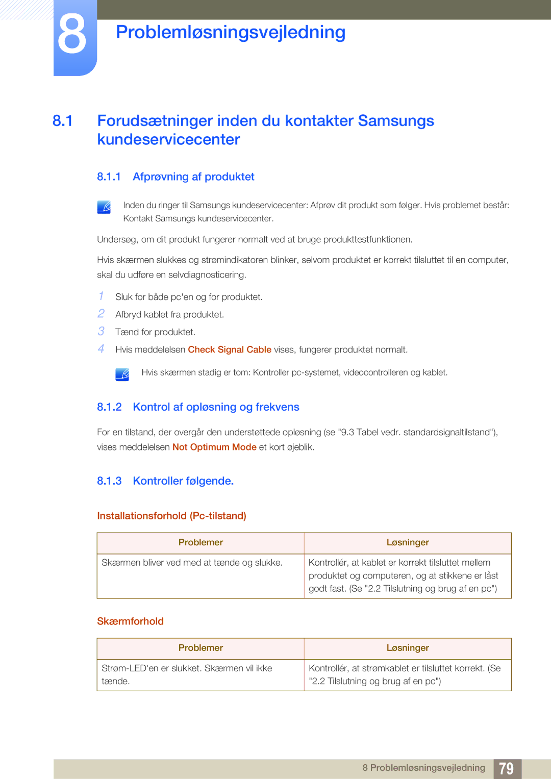 Samsung LS27E591CS/EN manual Problemløsningsvejledning, Afprøvning af produktet, Kontrol af opløsning og frekvens 