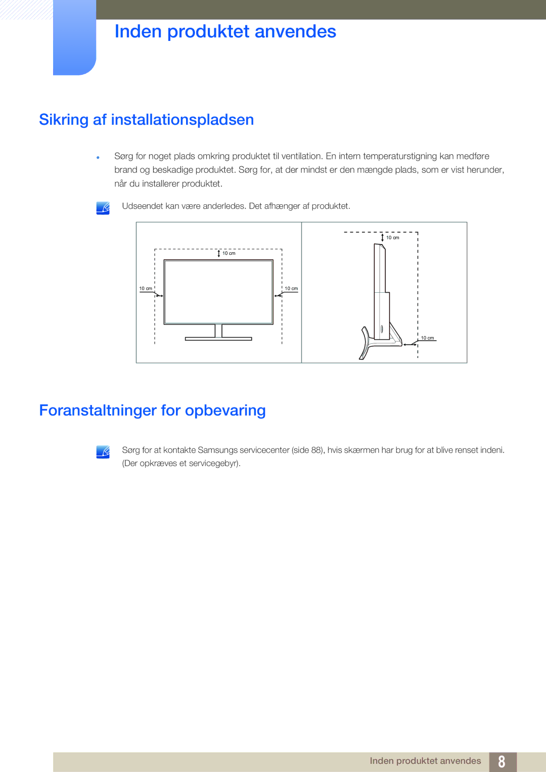 Samsung LS27E591CS/EN manual Sikring af installationspladsen, Foranstaltninger for opbevaring 