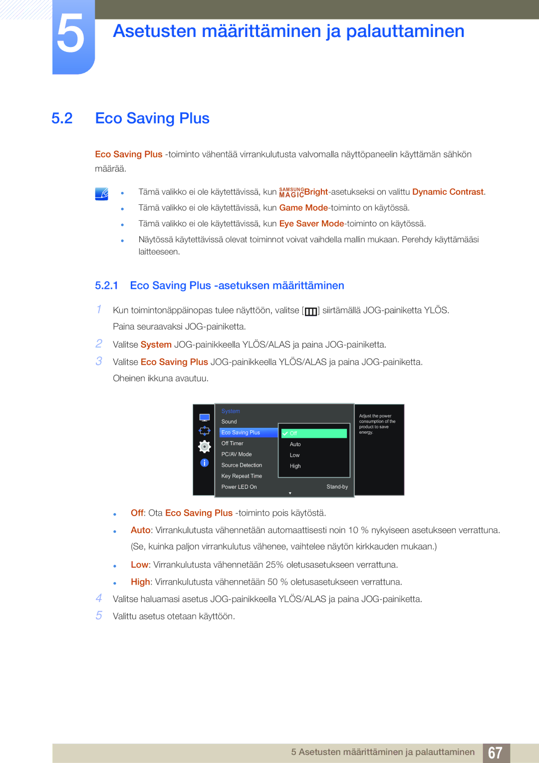 Samsung LS27E591CS/EN manual Eco Saving Plus -asetuksen määrittäminen 