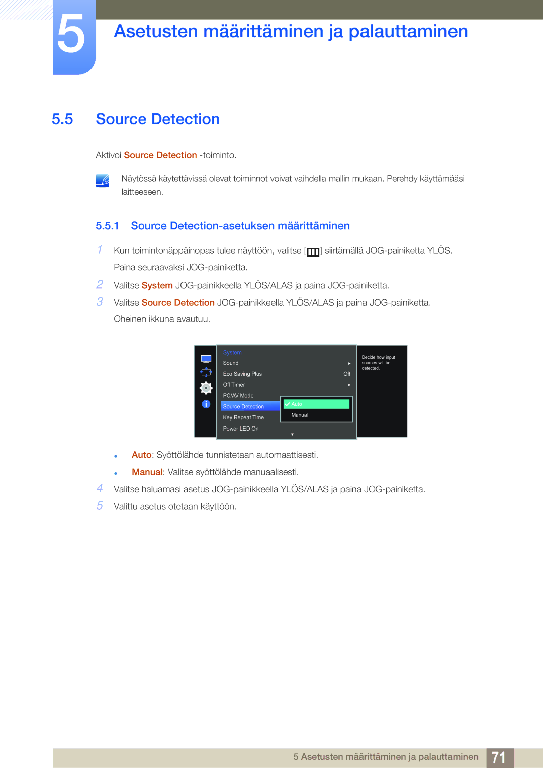 Samsung LS27E591CS/EN manual Source Detection-asetuksen määrittäminen 