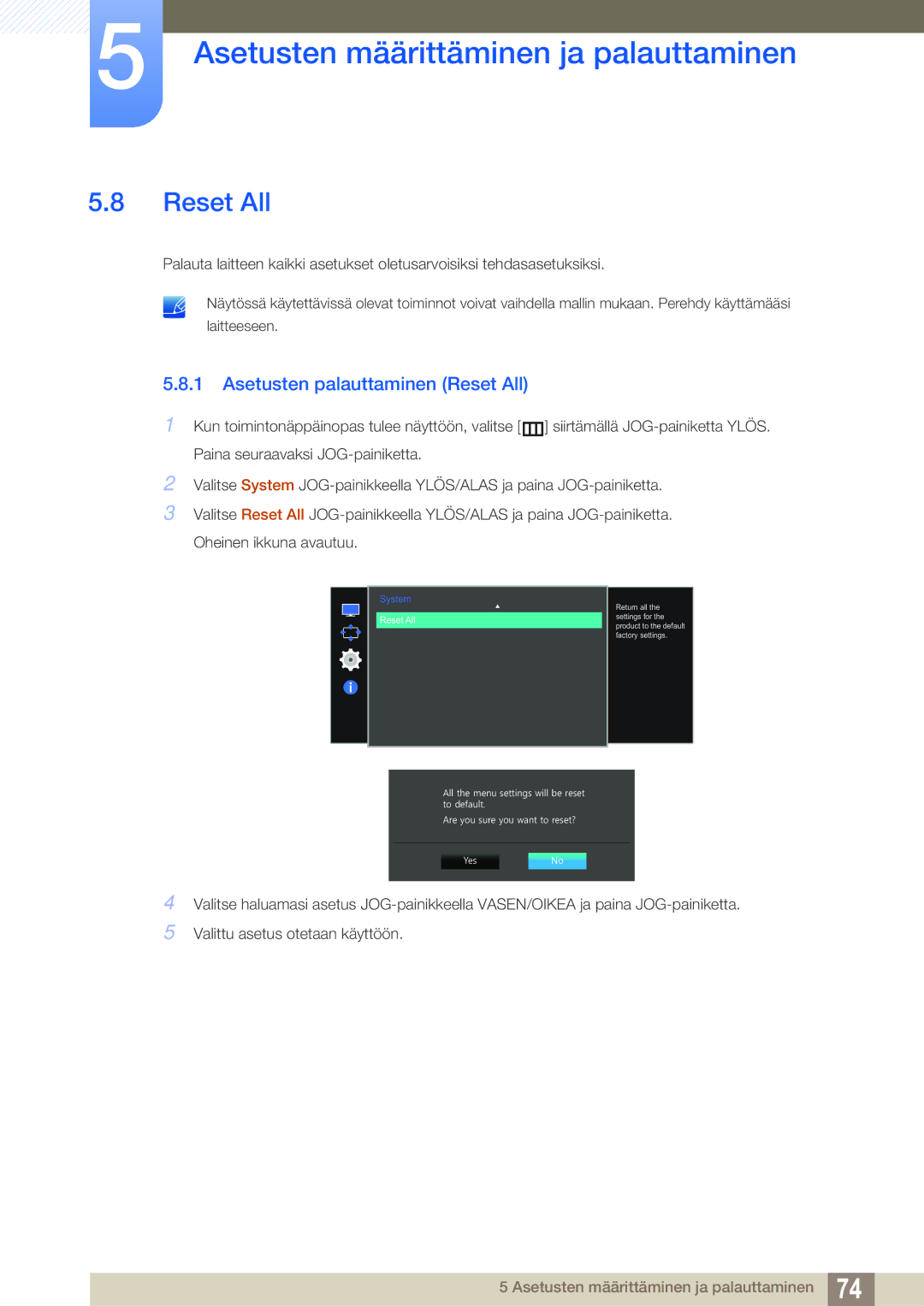 Samsung LS27E591CS/EN manual Asetusten palauttaminen Reset All 