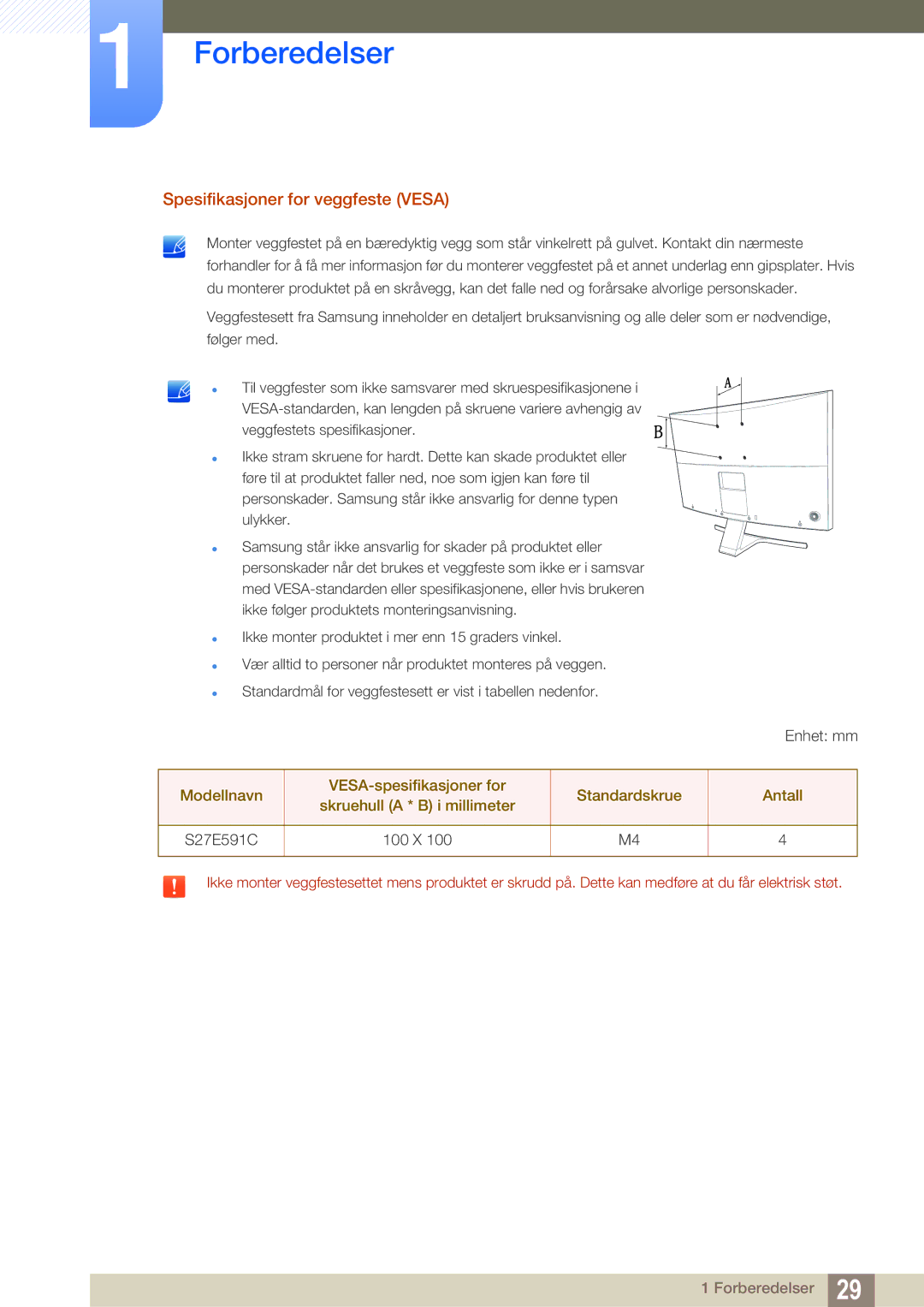 Samsung LS27E591CS/EN manual Spesifikasjoner for veggfeste Vesa 