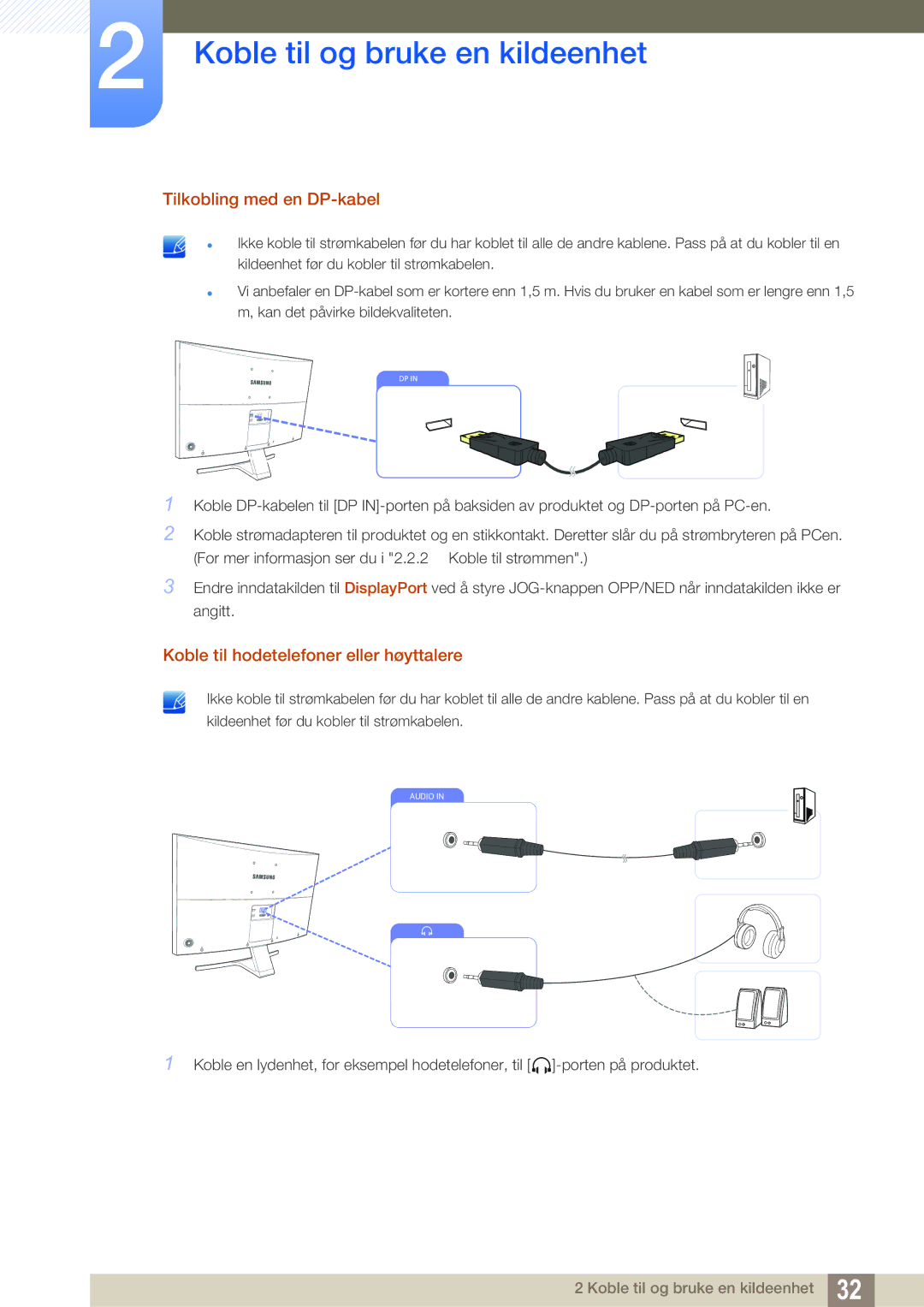 Samsung LS27E591CS/EN manual Tilkobling med en DP-kabel, Koble til hodetelefoner eller høyttalere 