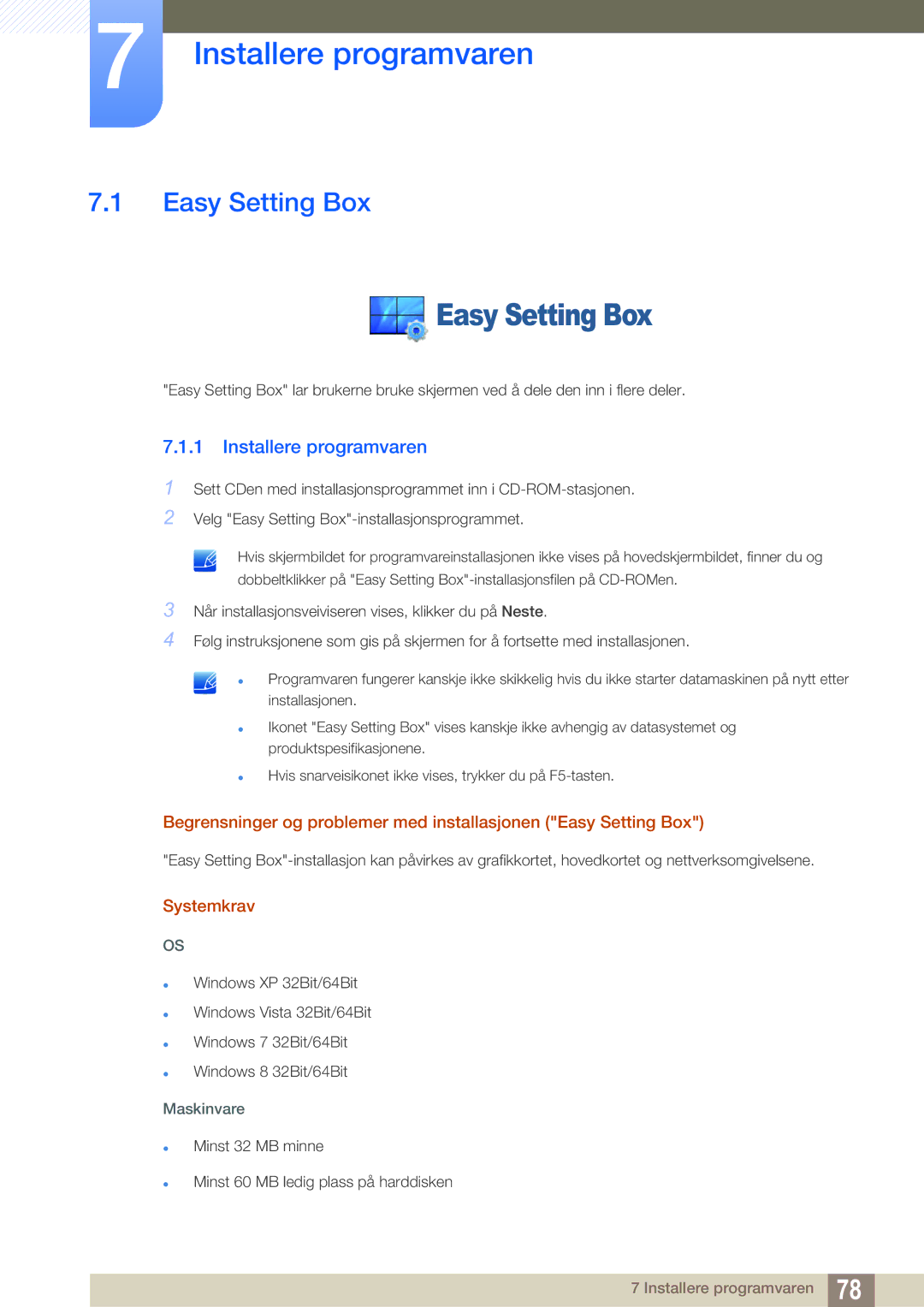 Samsung LS27E591CS/EN manual Installere programvaren, Easy Setting Box, Systemkrav 