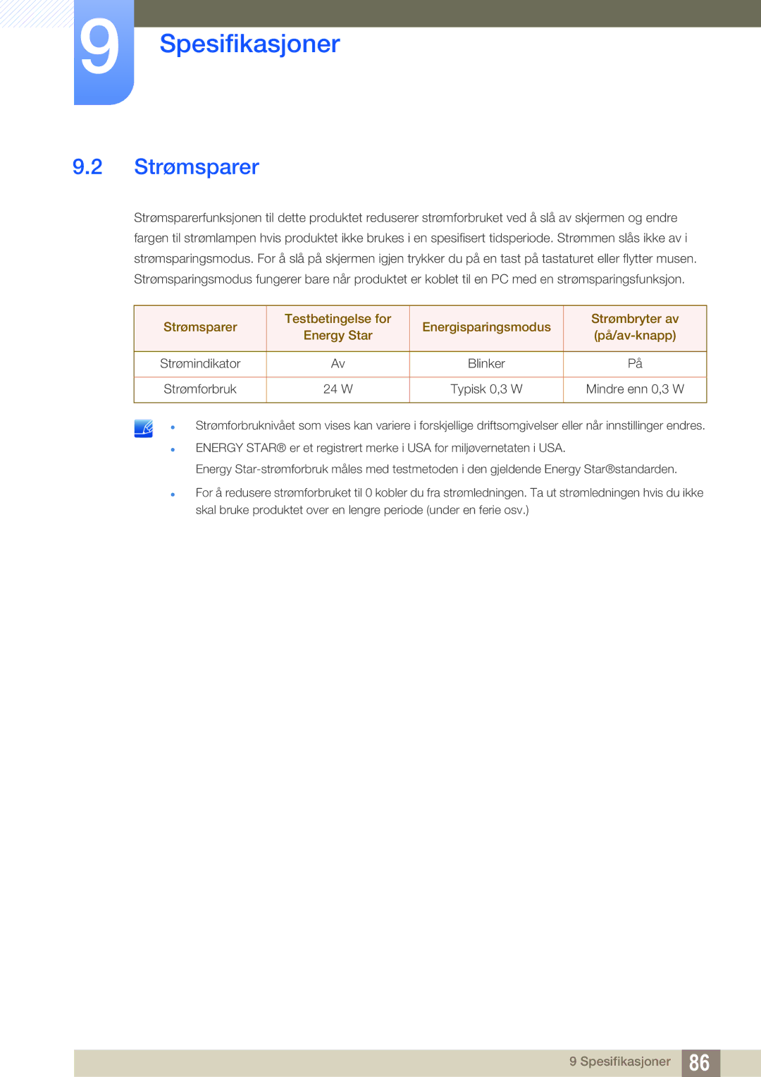 Samsung LS27E591CS/EN manual Strømsparer 