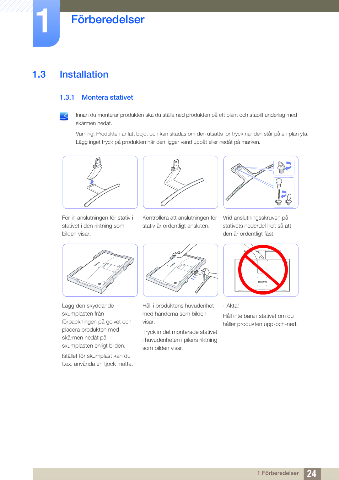 Samsung LS27E591CS/EN manual Installation, Montera stativet 