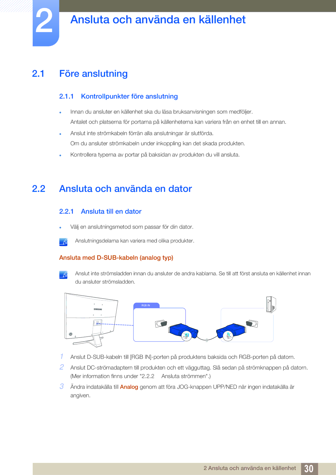 Samsung LS27E591CS/EN manual Ansluta och använda en källenhet, Före anslutning, Ansluta och använda en dator 