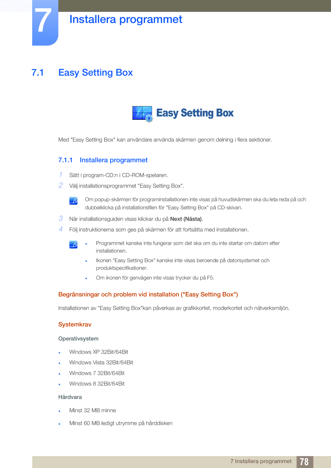 Samsung LS27E591CS/EN Installera programmet, Begränsningar och problem vid installation Easy Setting Box, Systemkrav 