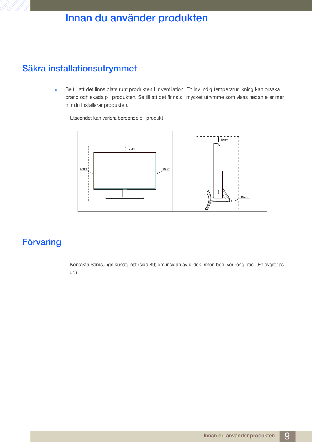 Samsung LS27E591CS/EN manual Säkra installationsutrymmet, Förvaring 