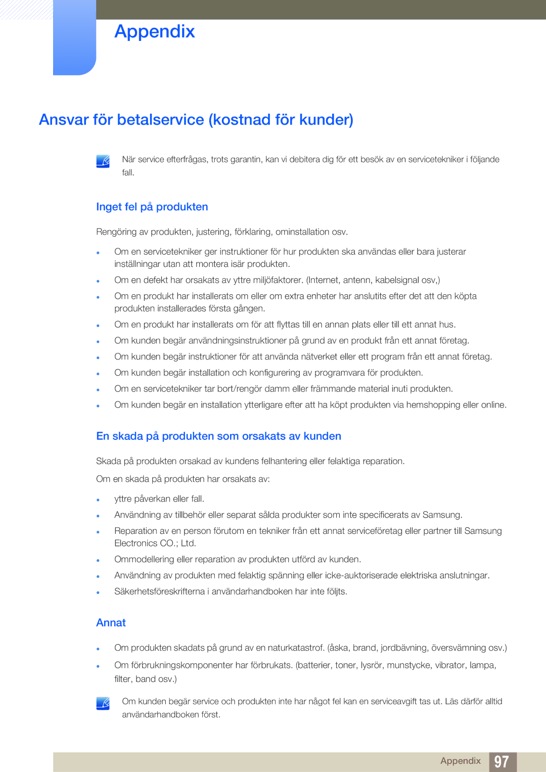 Samsung LS27E591CS/EN manual Ansvar för betalservice kostnad för kunder, Inget fel på produkten, Annat 