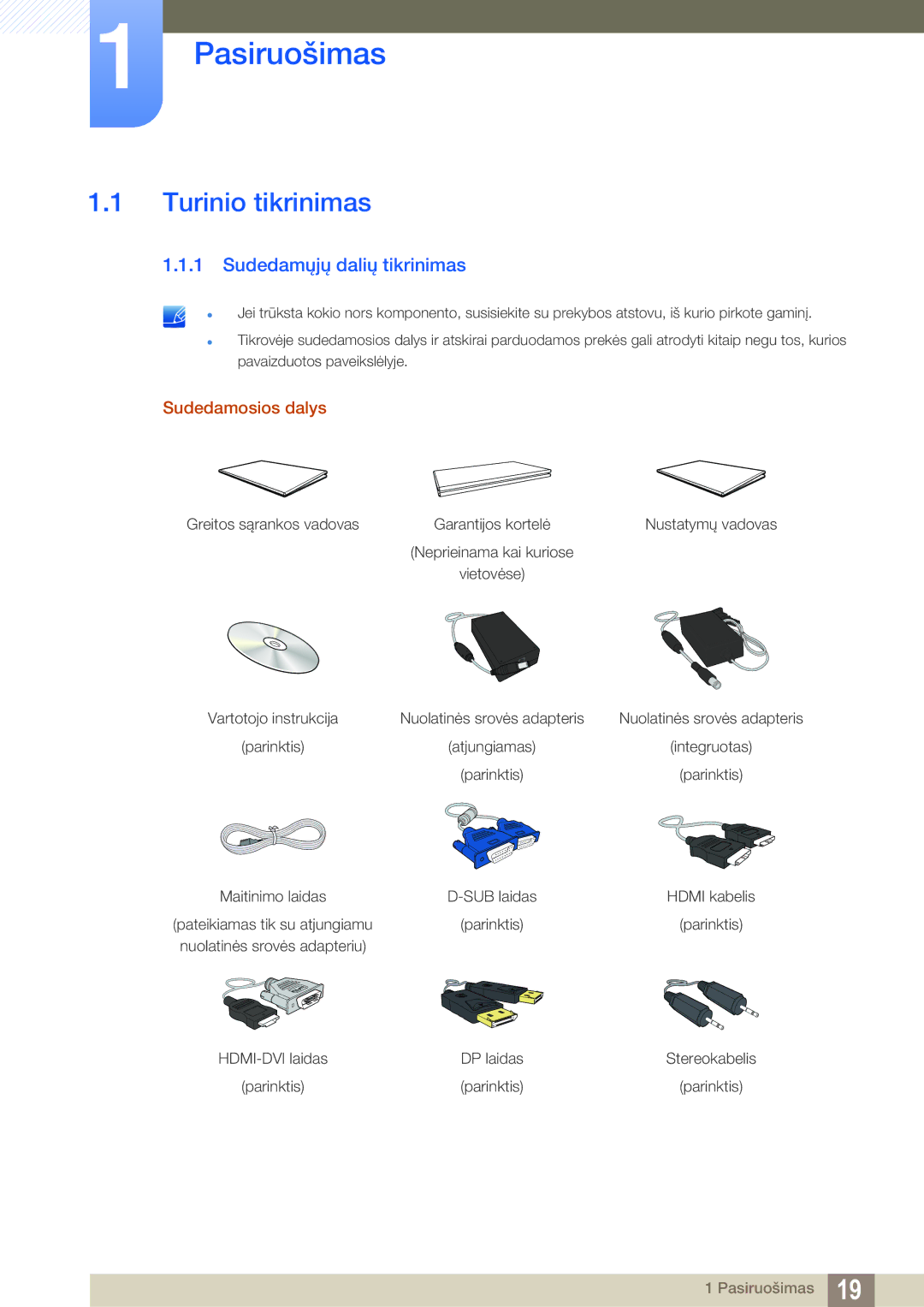 Samsung LS27E591CS/EN manual Pasiruošimas, Turinio tikrinimas, Sudedamųjų dalių tikrinimas, Sudedamosios dalys 