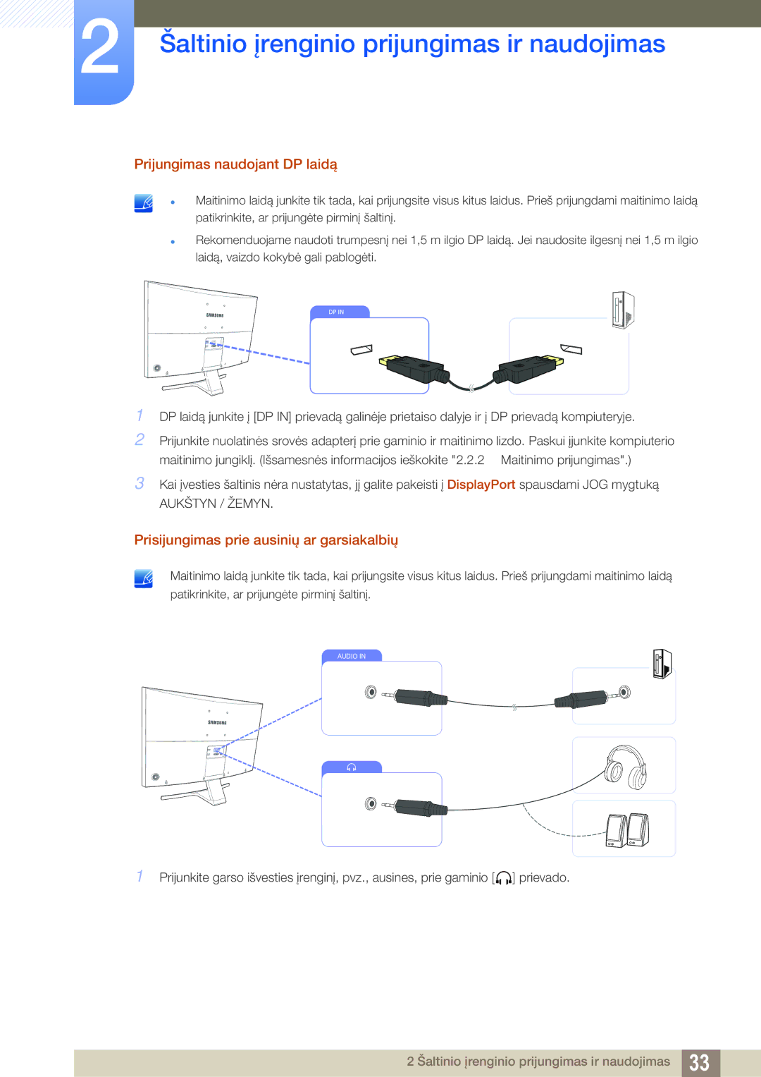 Samsung LS27E591CS/EN manual Prijungimas naudojant DP laidą, Prisijungimas prie ausinių ar garsiakalbių 