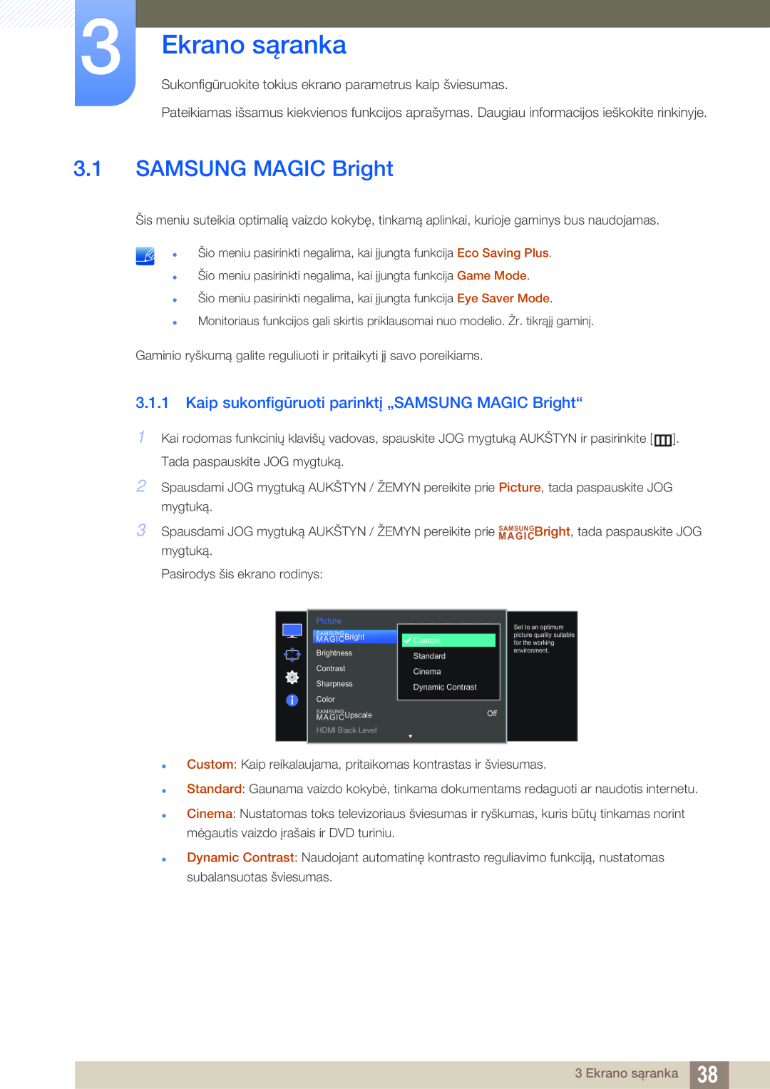 Samsung LS27E591CS/EN manual Ekrano sąranka, Samsung Magic Bright, Kaip sukonfigūruoti parinktį „SAMSUNG Magic Bright 