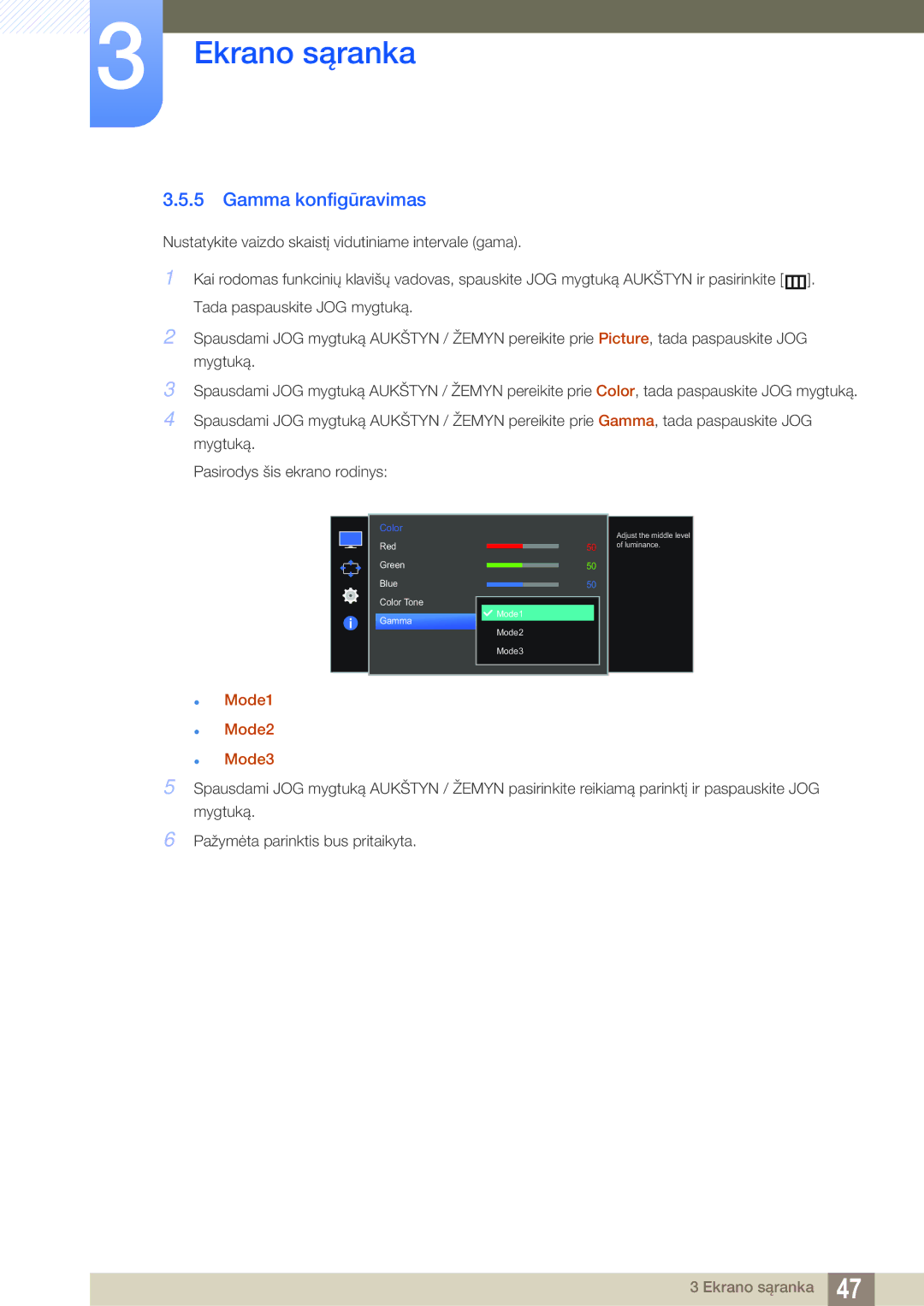 Samsung LS27E591CS/EN manual Gamma konfigūravimas,  Mode1  Mode2  Mode3 