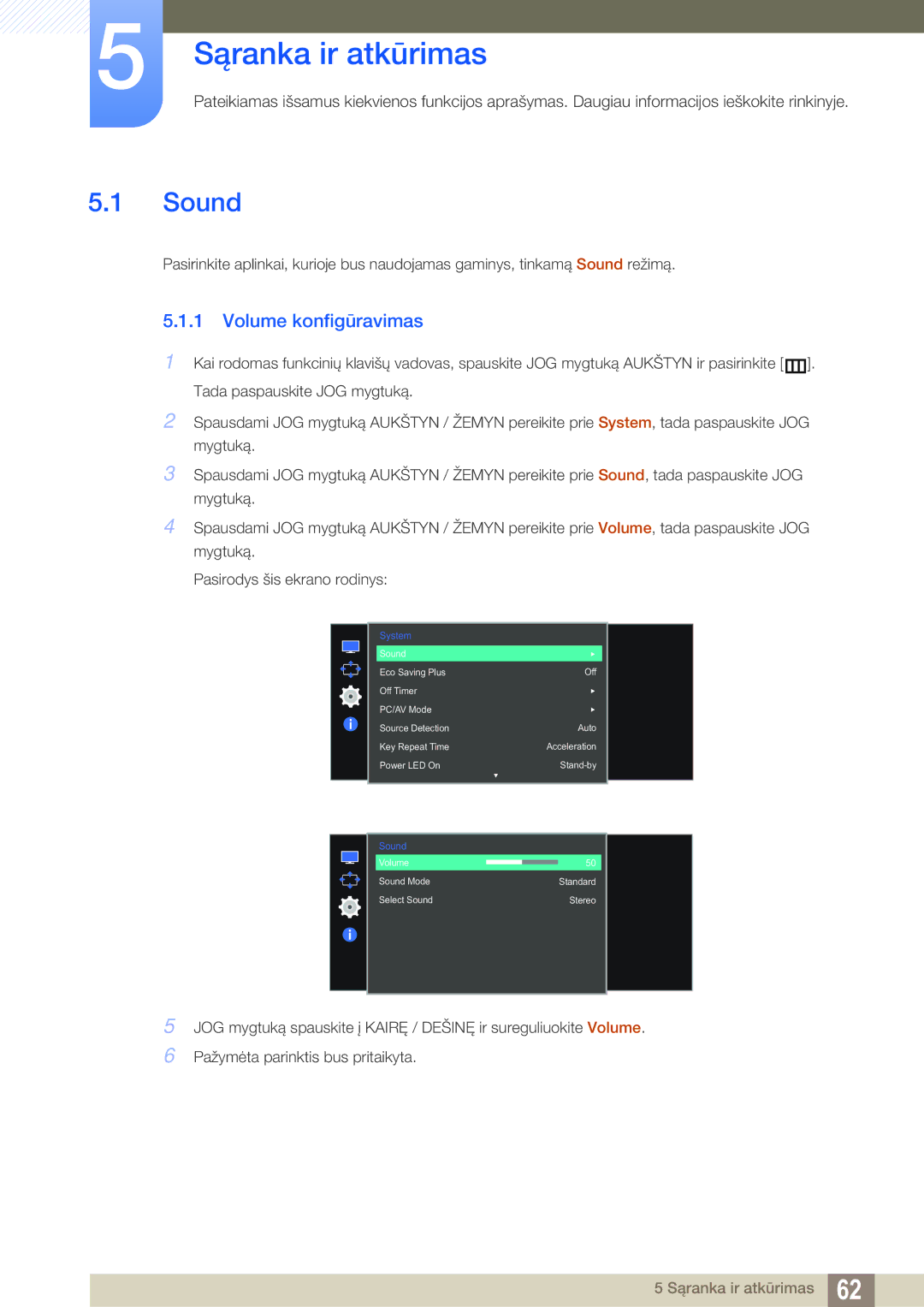 Samsung LS27E591CS/EN manual Sąranka ir atkūrimas, Sound, Volume konfigūravimas 