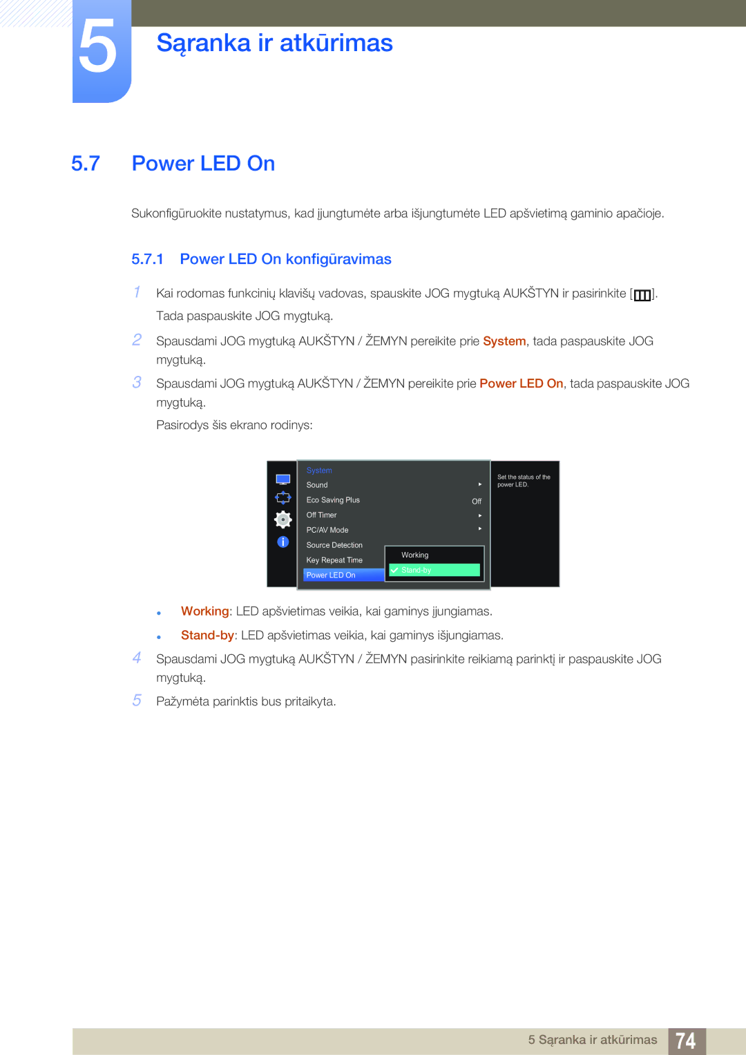 Samsung LS27E591CS/EN manual Power LED On konfigūravimas 