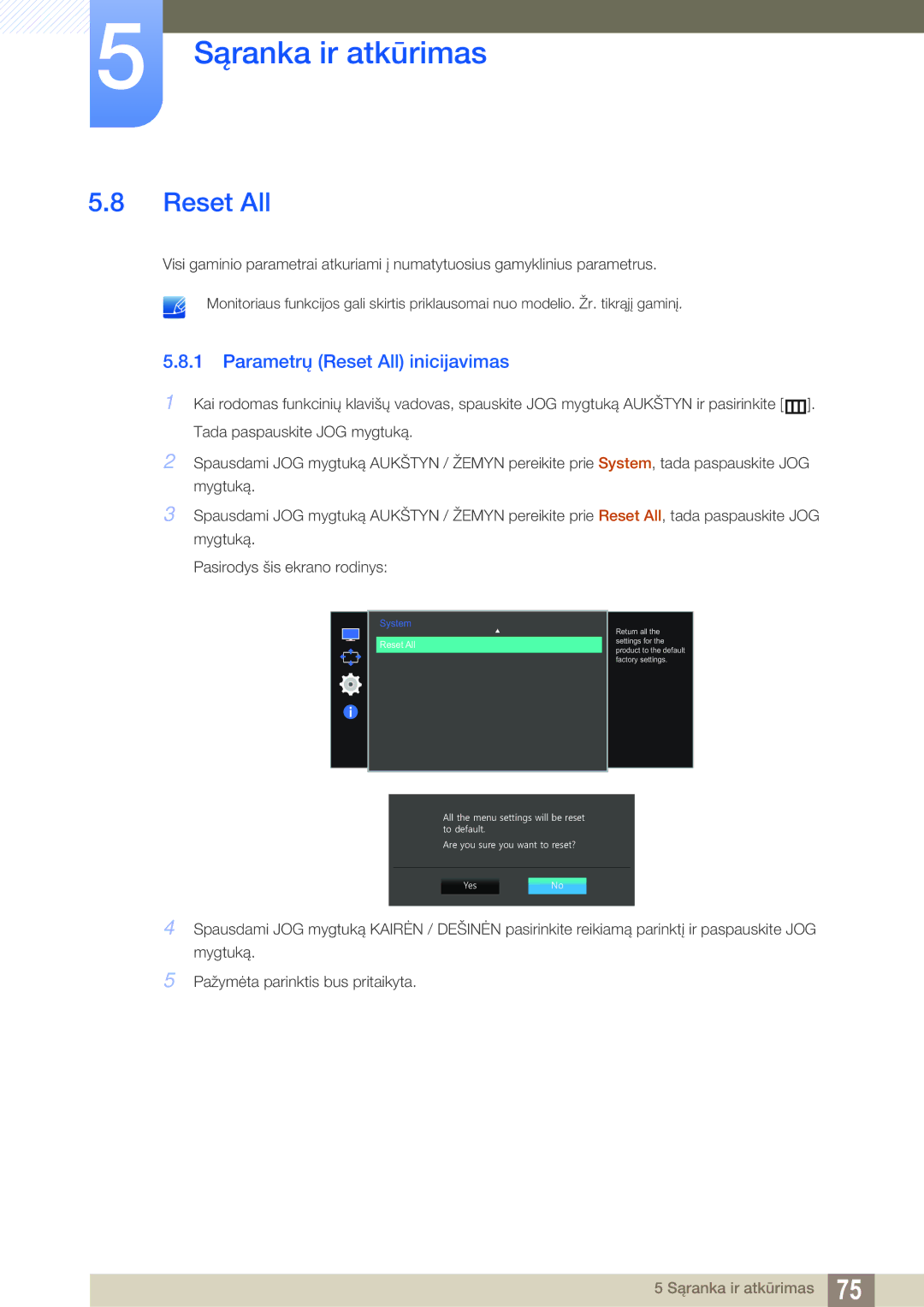 Samsung LS27E591CS/EN manual Parametrų Reset All inicijavimas 