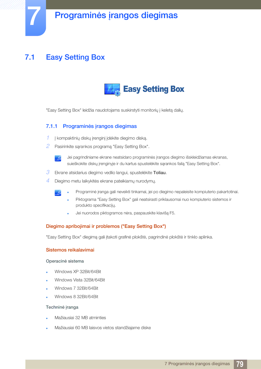 Samsung LS27E591CS/EN manual Programinės įrangos diegimas, Diegimo apribojimai ir problemos Easy Setting Box 