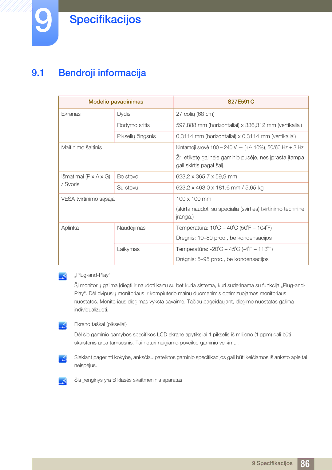 Samsung LS27E591CS/EN manual Specifikacijos, Bendroji informacija 