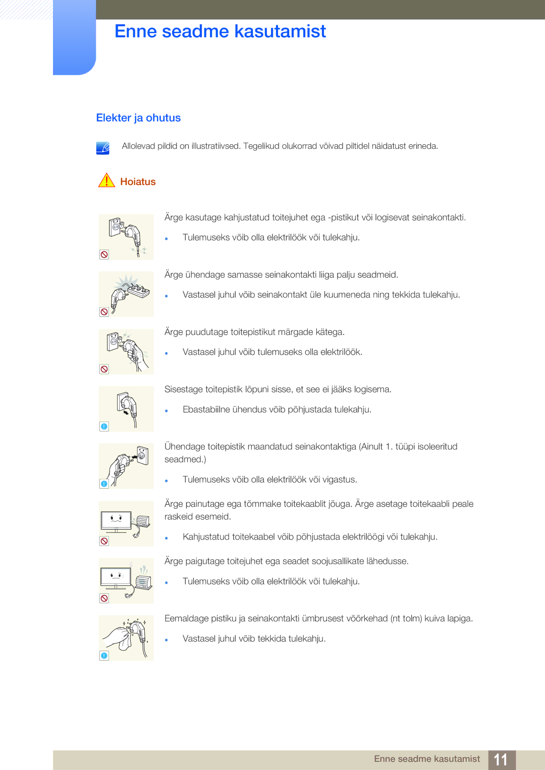 Samsung LS27E591CS/EN manual Elekter ja ohutus, Hoiatus 