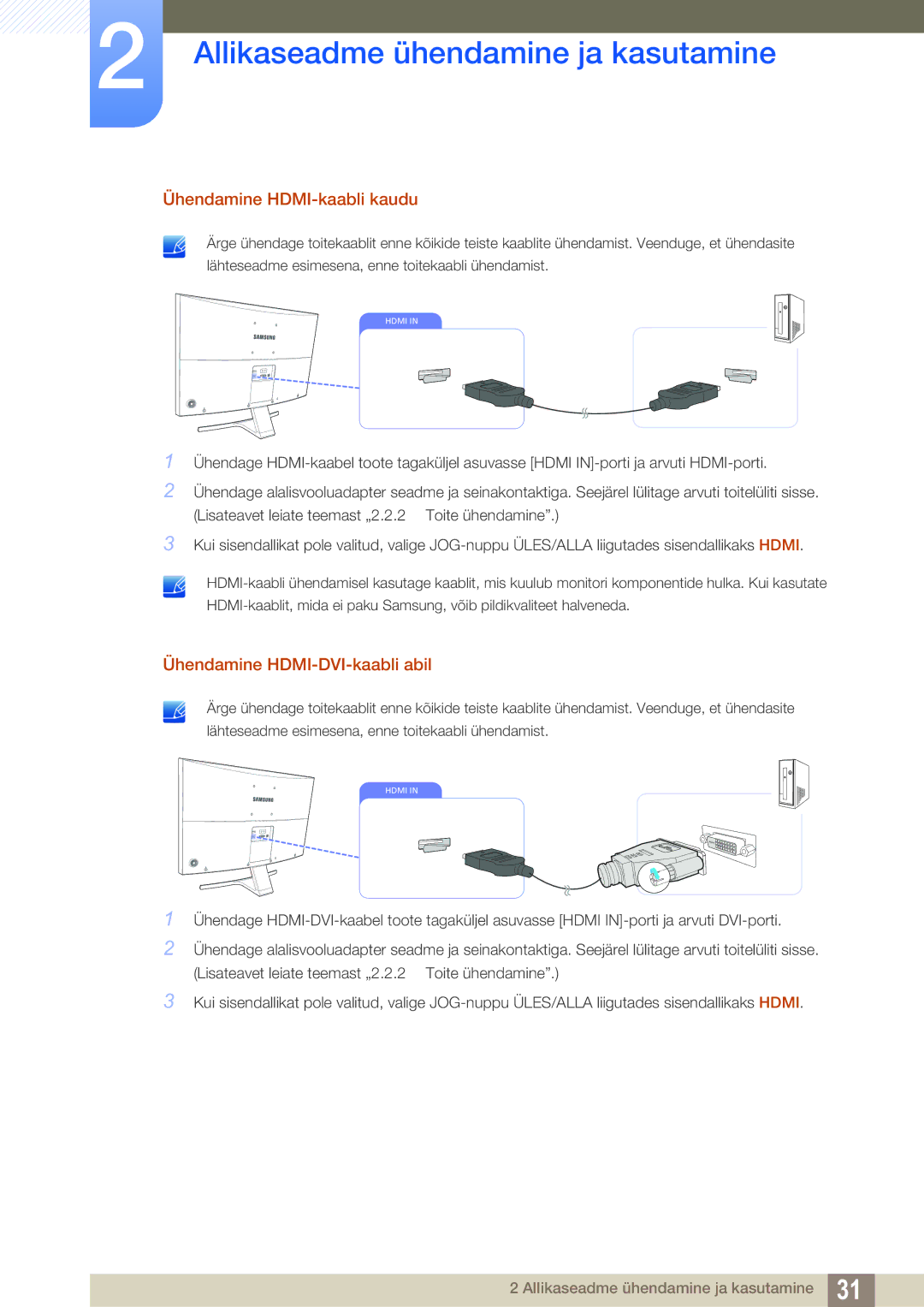 Samsung LS27E591CS/EN manual Ühendamine HDMI-kaabli kaudu, Ühendamine HDMI-DVI-kaabli abil 