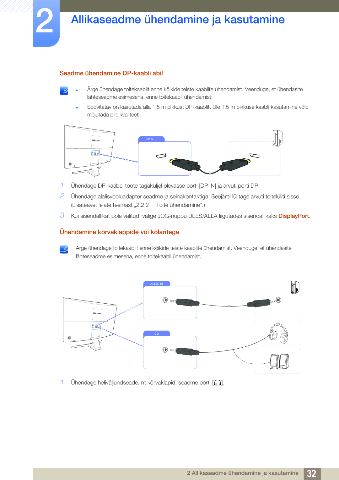 Samsung LS27E591CS/EN manual Seadme ühendamine DP-kaabli abil, Ühendamine kõrvaklappide või kõlaritega 