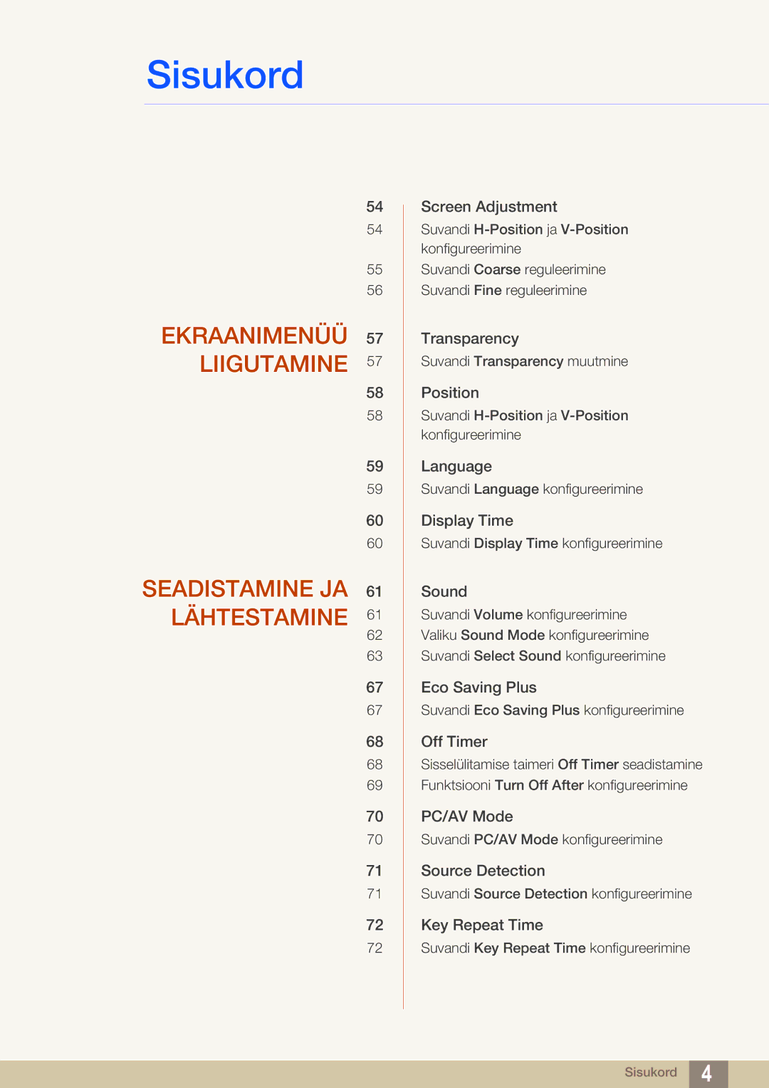 Samsung LS27E591CS/EN manual Ekraanimenüü Liigutamine Seadistamine JA Lähtestamine 