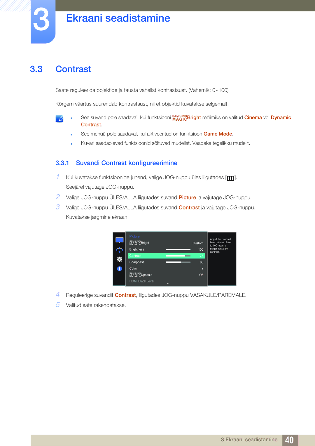 Samsung LS27E591CS/EN manual Suvandi Contrast konfigureerimine 