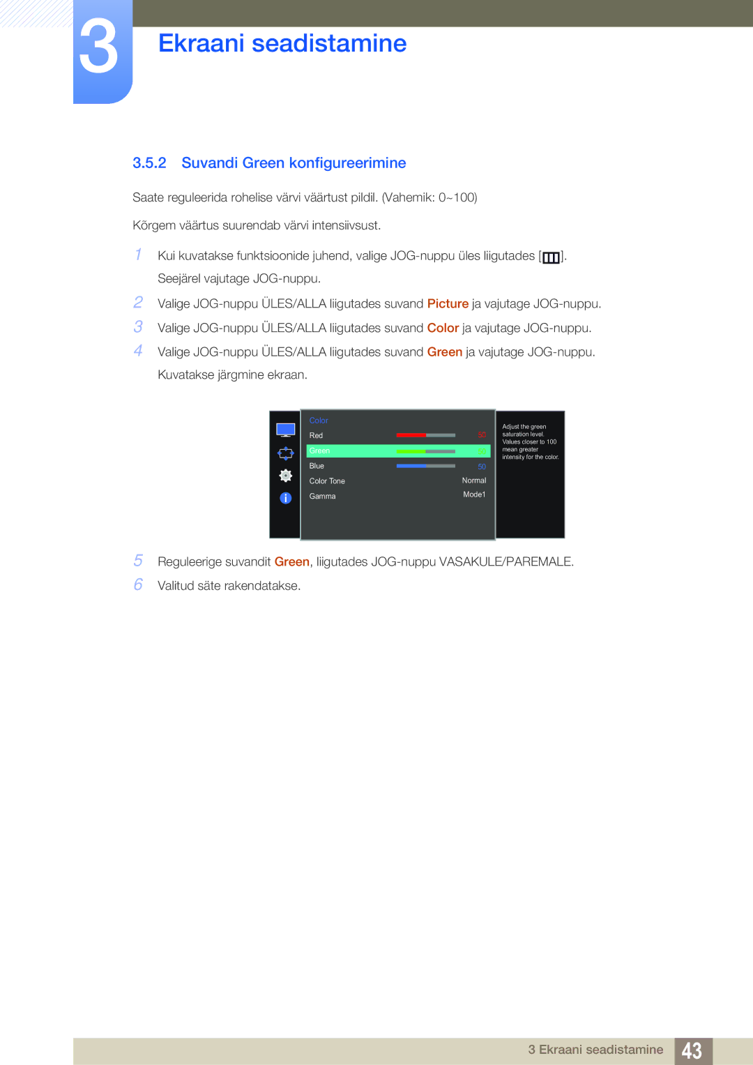 Samsung LS27E591CS/EN manual Suvandi Green konfigureerimine 