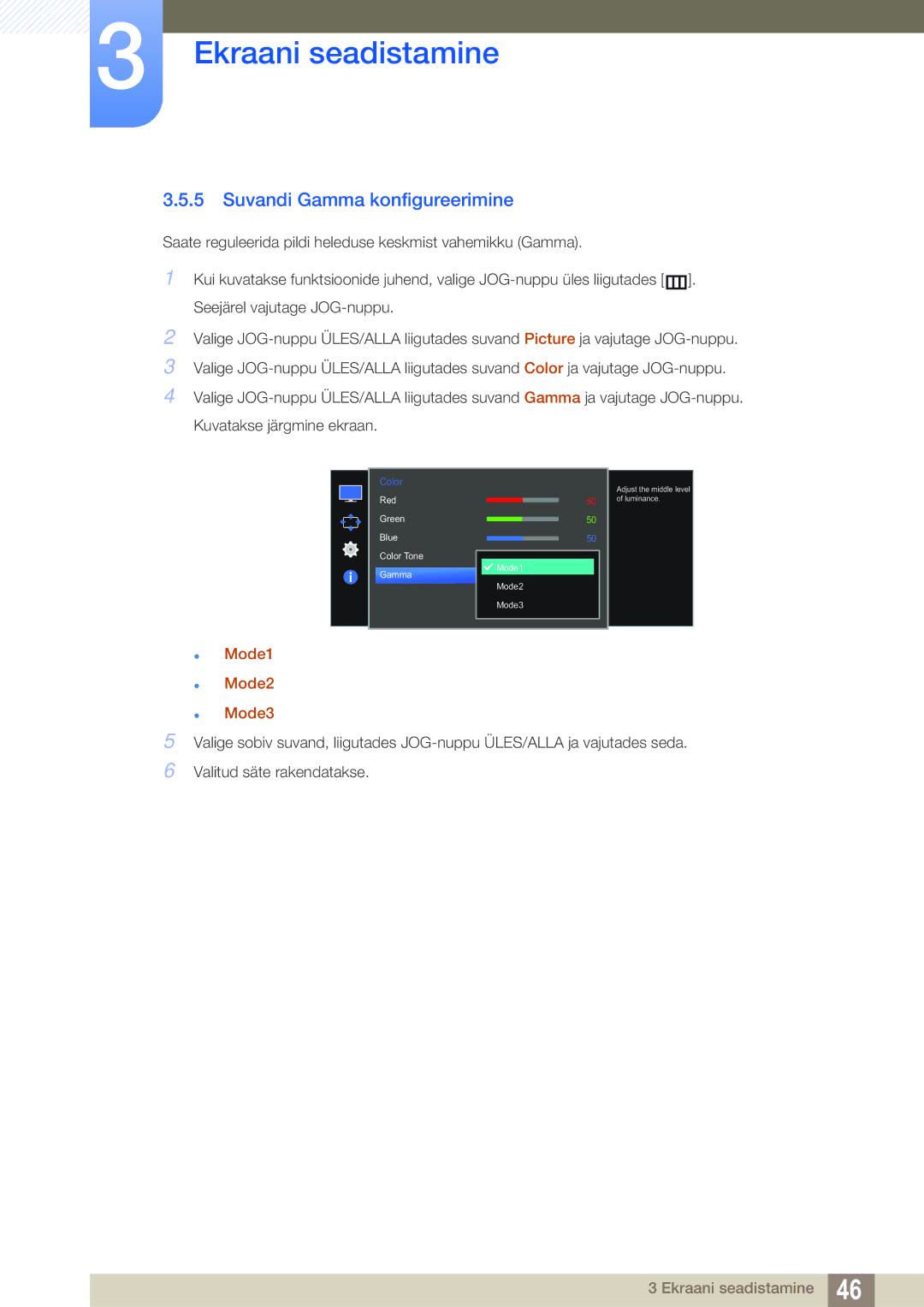 Samsung LS27E591CS/EN manual Suvandi Gamma konfigureerimine,  Mode1  Mode2  Mode3 