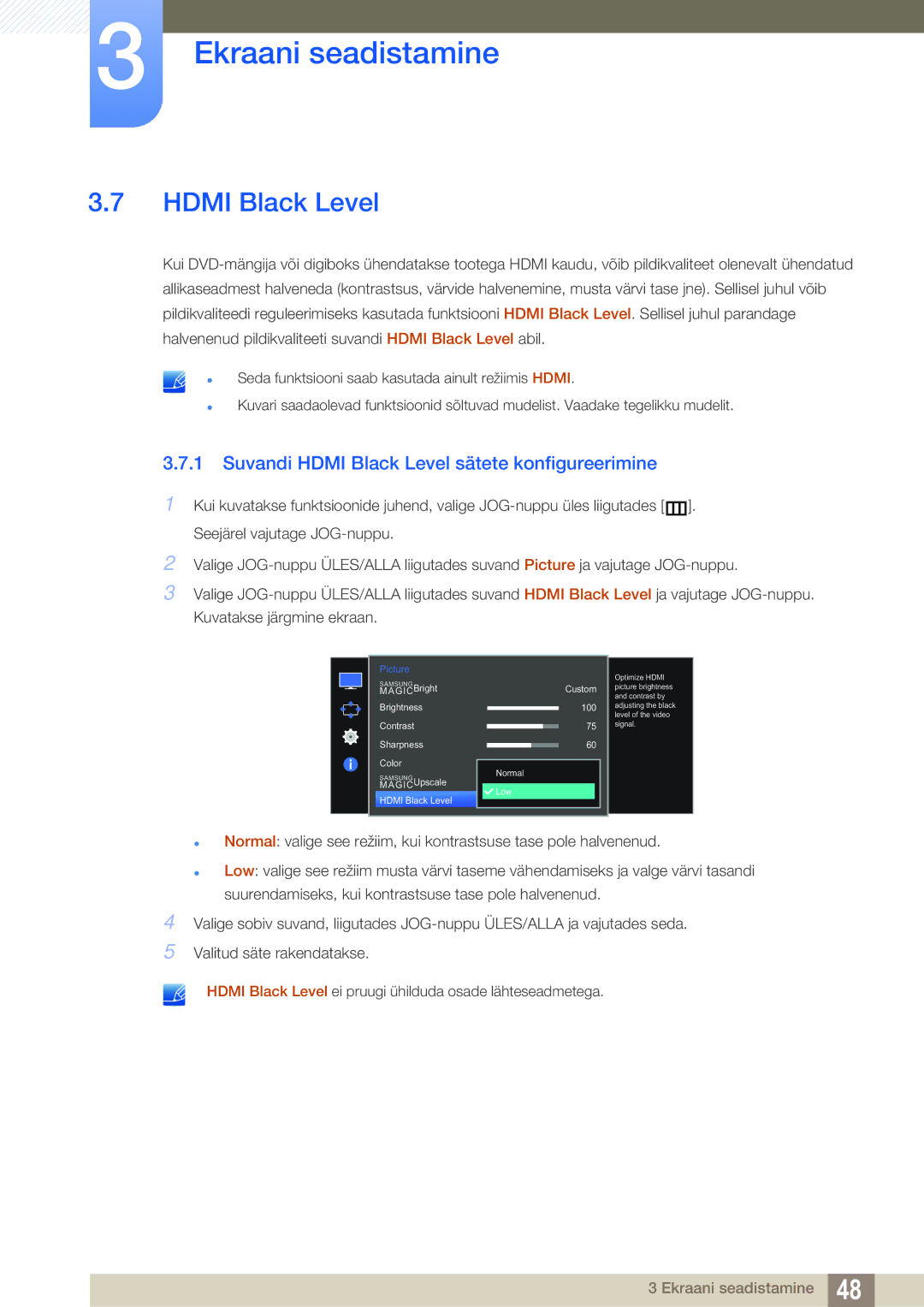 Samsung LS27E591CS/EN manual Suvandi Hdmi Black Level sätete konfigureerimine 