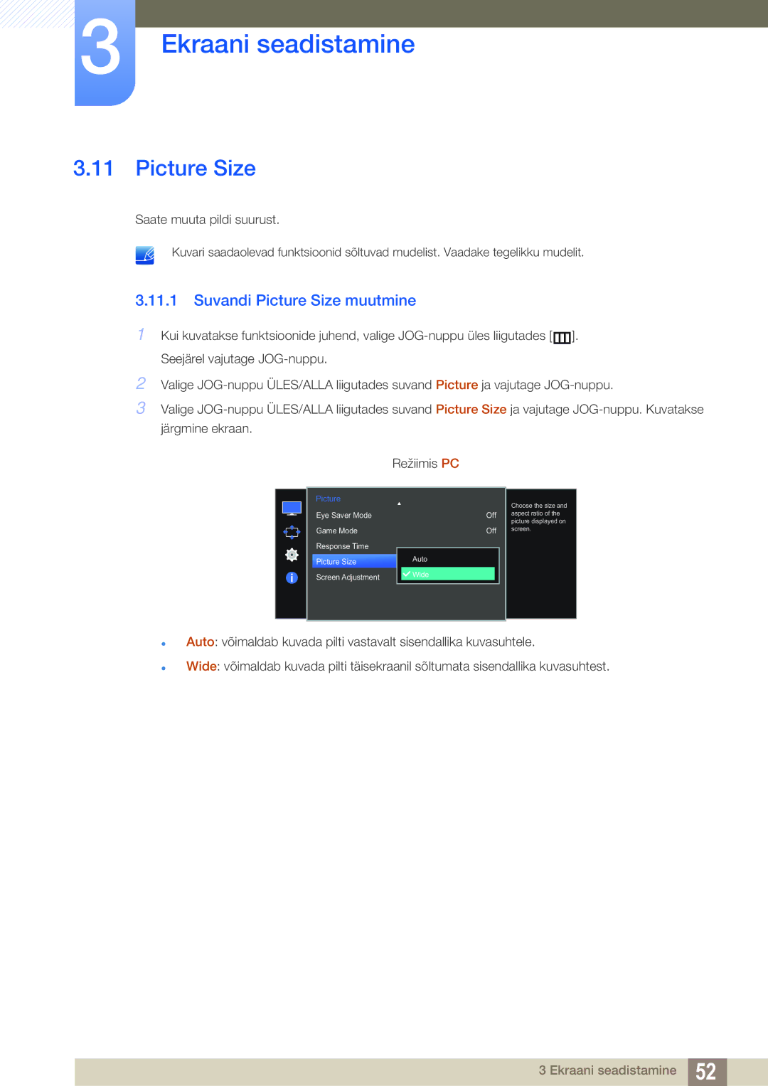 Samsung LS27E591CS/EN manual Suvandi Picture Size muutmine 