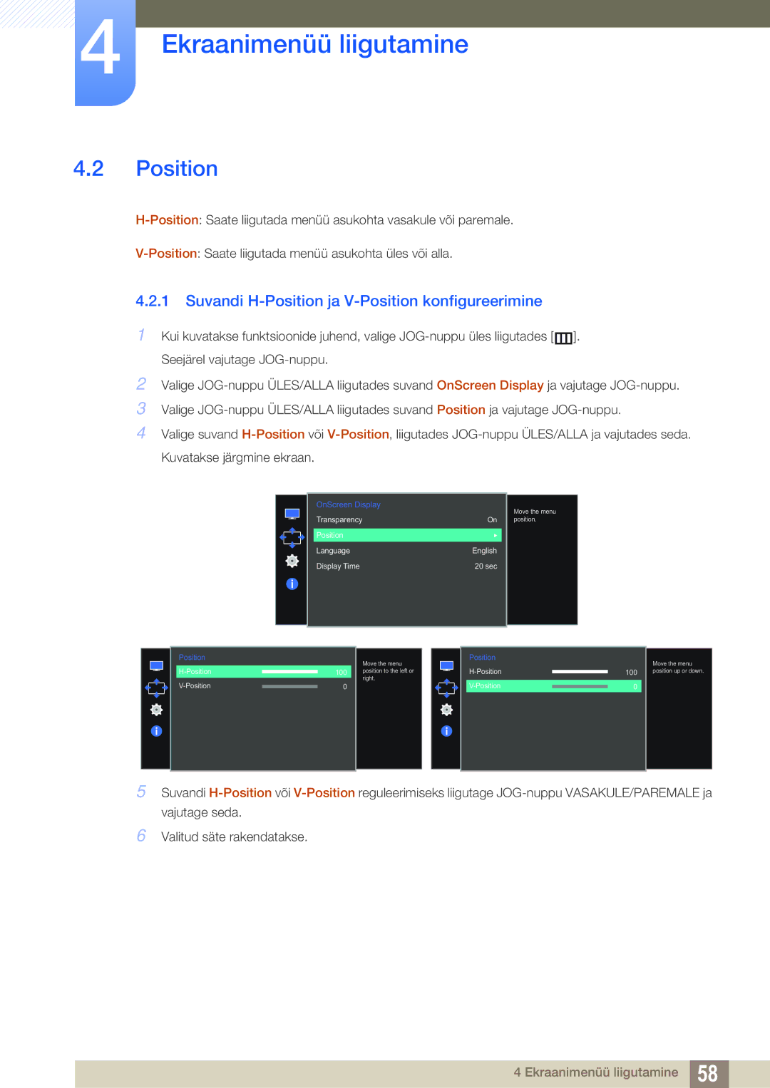 Samsung LS27E591CS/EN manual Suvandi H-Position ja V-Position konfigureerimine 