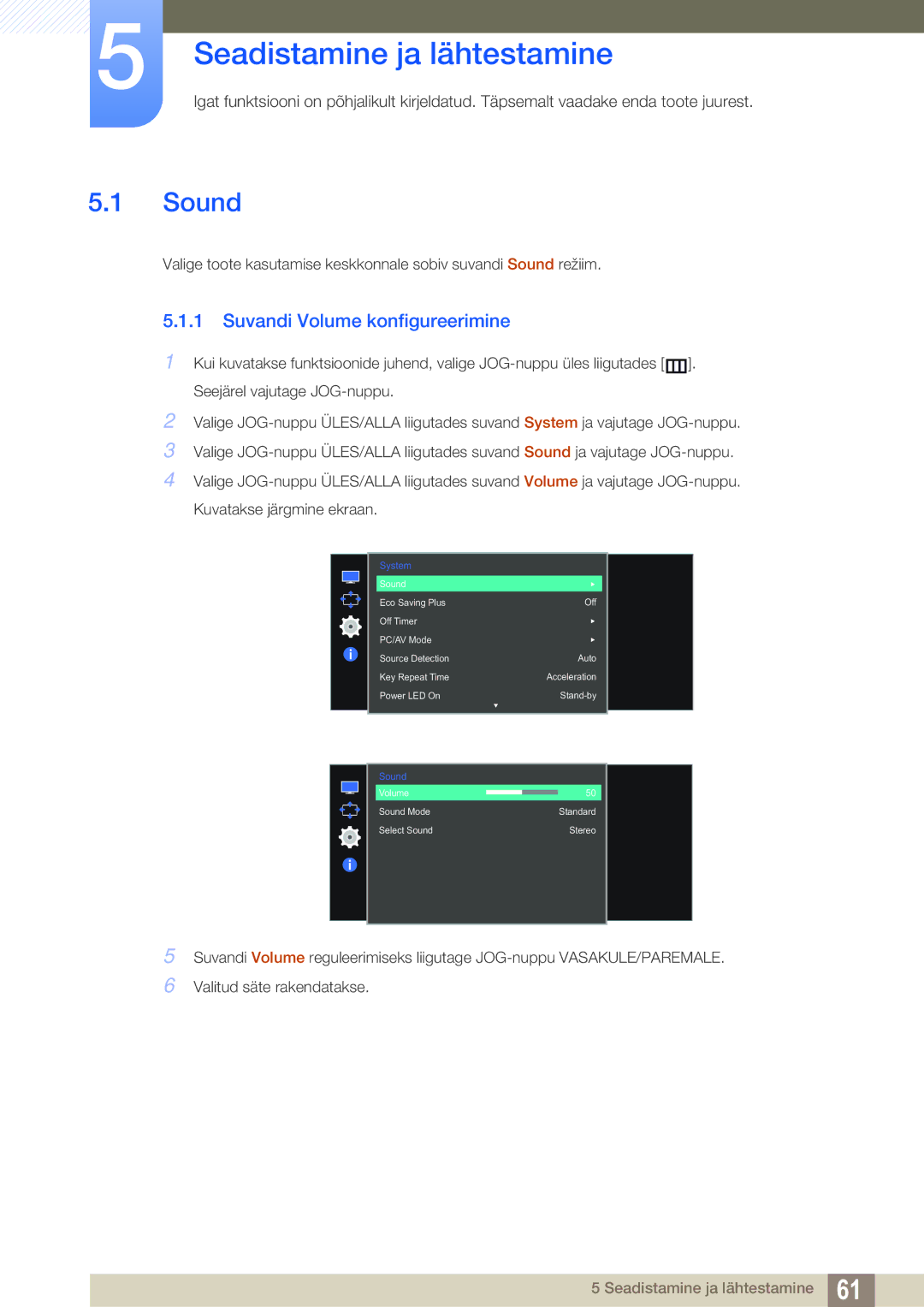 Samsung LS27E591CS/EN manual Seadistamine ja lähtestamine, Sound, Suvandi Volume konfigureerimine 