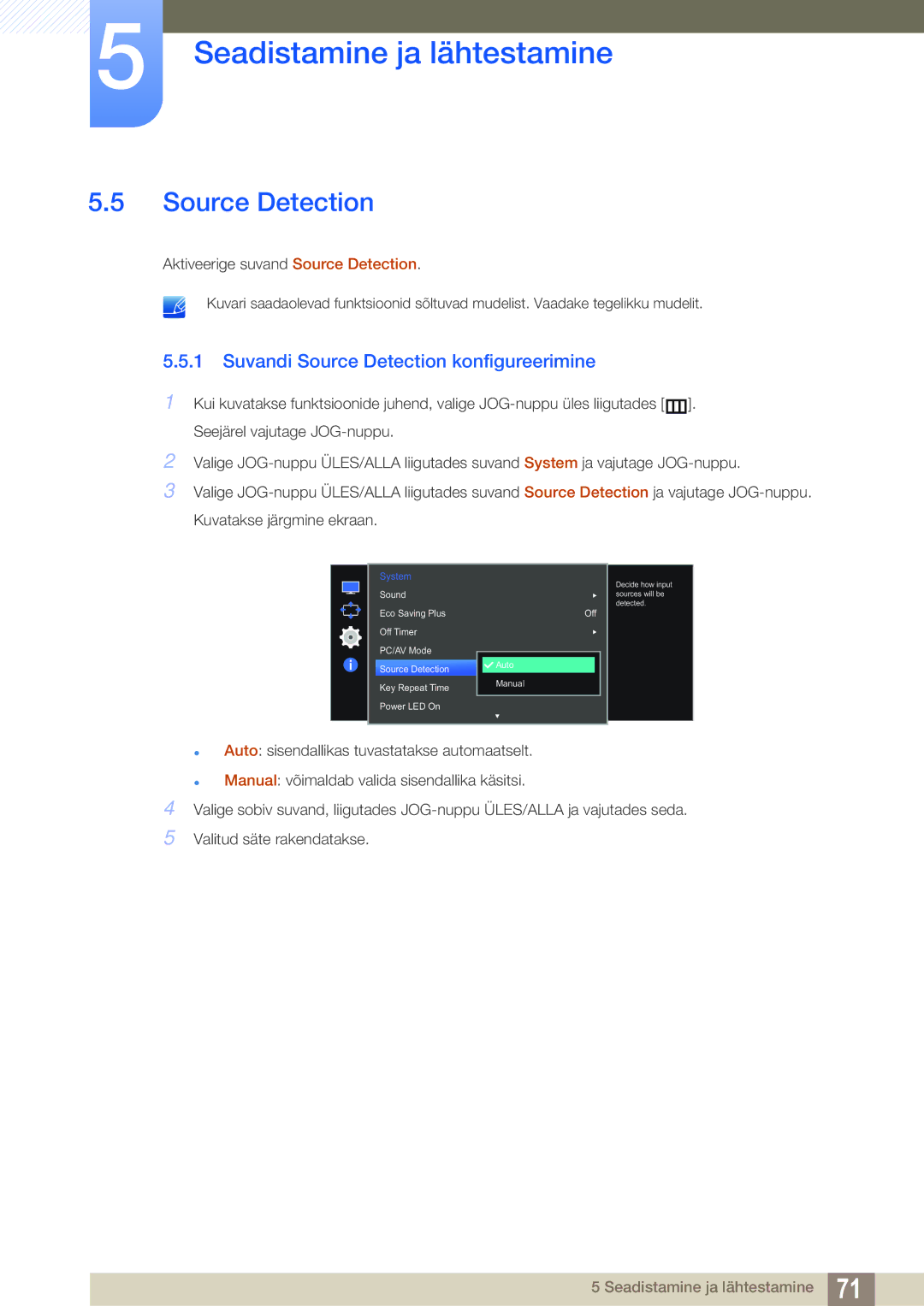 Samsung LS27E591CS/EN manual Suvandi Source Detection konfigureerimine 