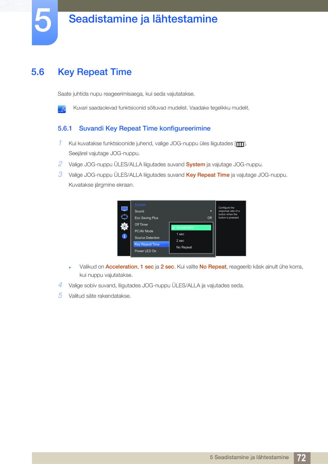 Samsung LS27E591CS/EN manual Suvandi Key Repeat Time konfigureerimine 