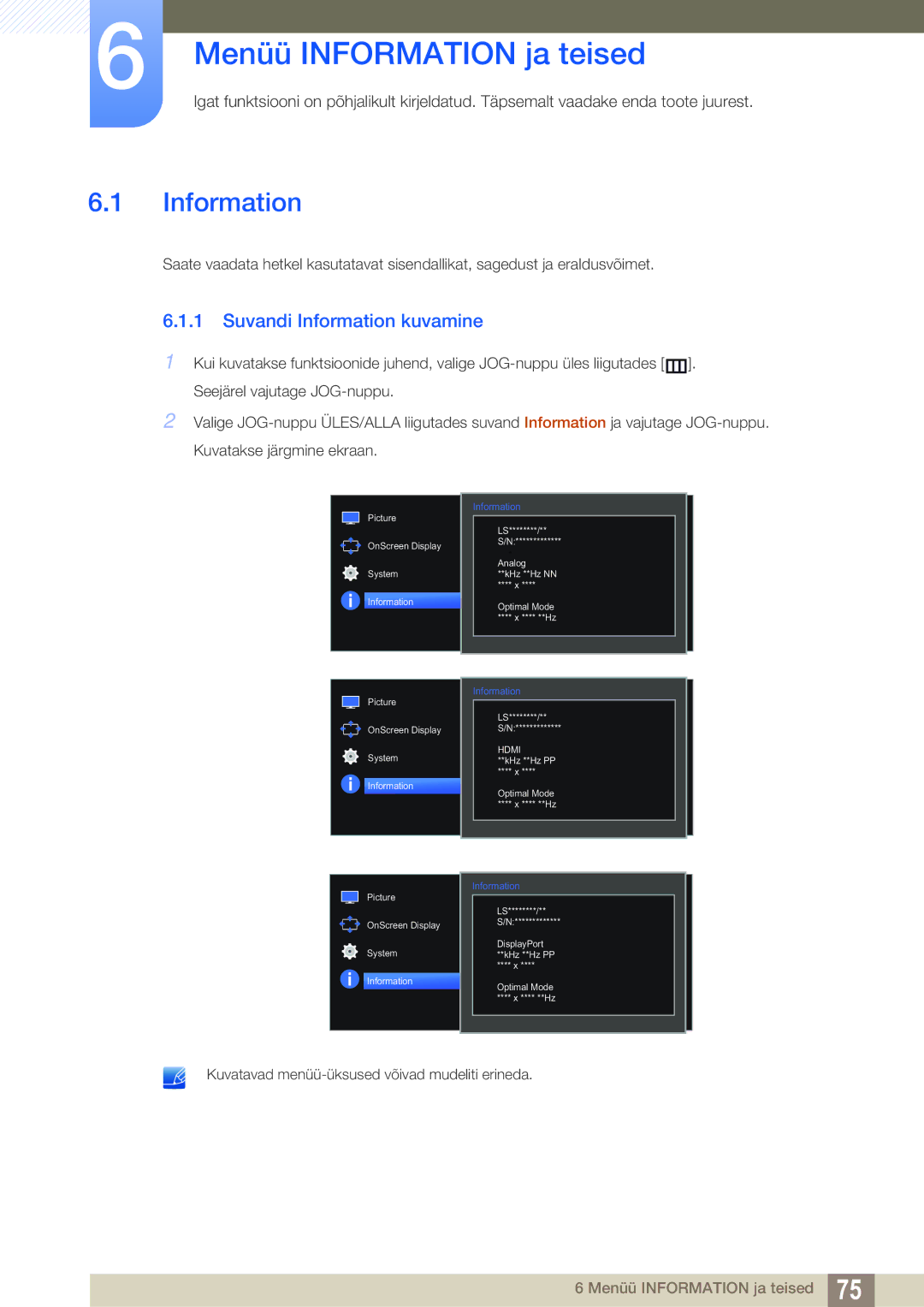 Samsung LS27E591CS/EN manual Menüü Information ja teised, Suvandi Information kuvamine 