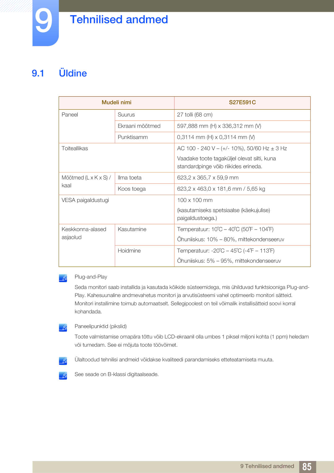 Samsung LS27E591CS/EN manual Tehnilised andmed, Üldine 