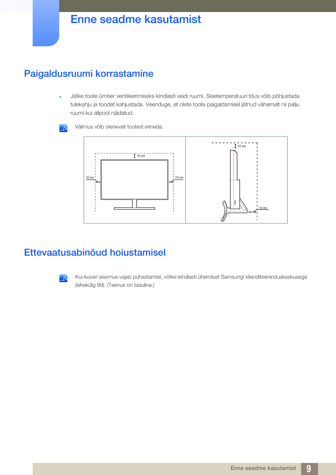 Samsung LS27E591CS/EN manual Paigaldusruumi korrastamine, Ettevaatusabinõud hoiustamisel 