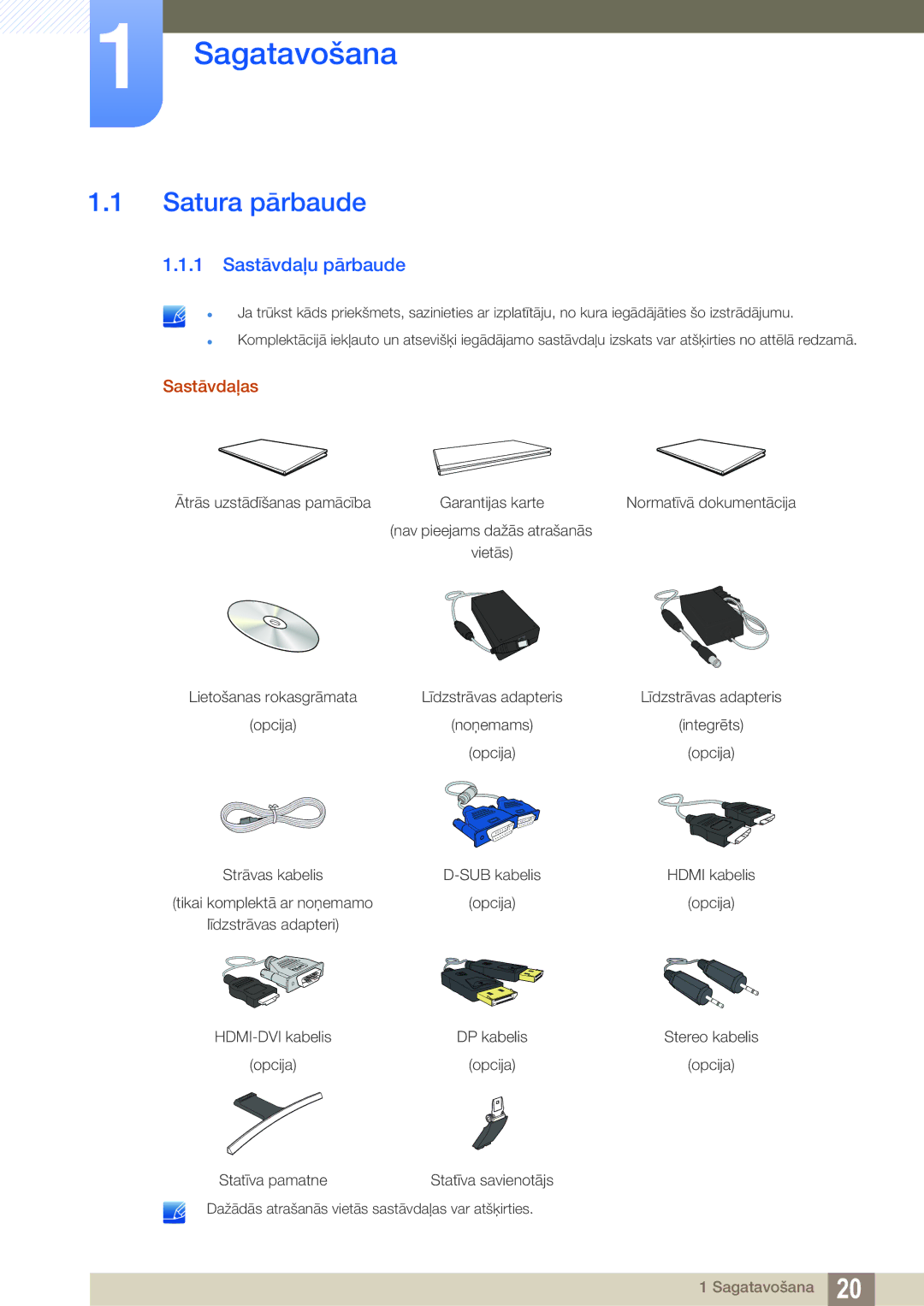 Samsung LS27E591CS/EN manual Sagatavošana, Satura pārbaude, Sastāvdaļu pārbaude, Sastāvdaļas 