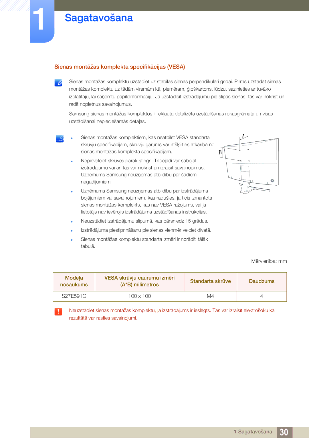 Samsung LS27E591CS/EN manual Sienas montāžas komplekta specifikācijas Vesa 