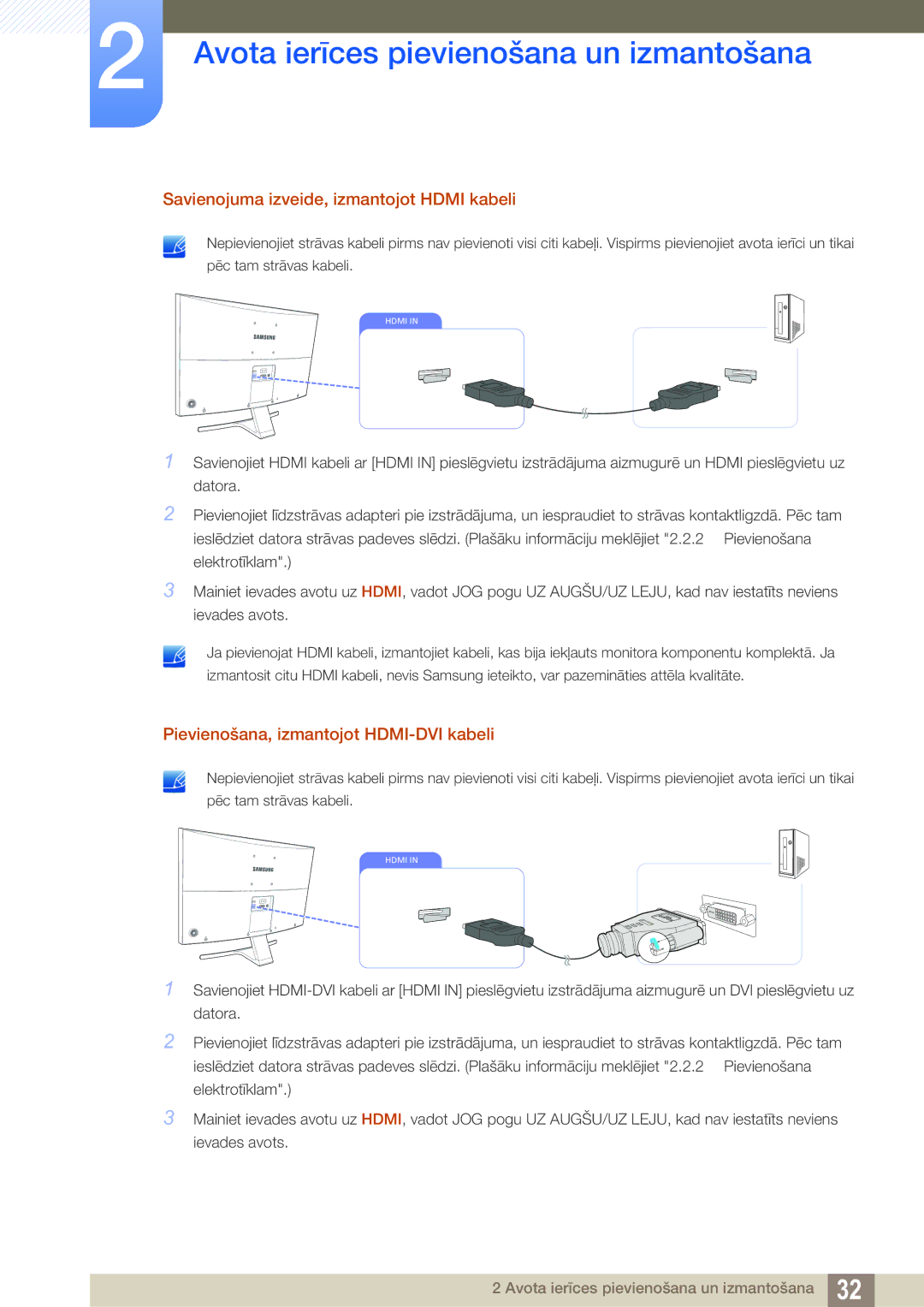 Samsung LS27E591CS/EN manual Savienojuma izveide, izmantojot Hdmi kabeli, Pievienošana, izmantojot HDMI-DVI kabeli 