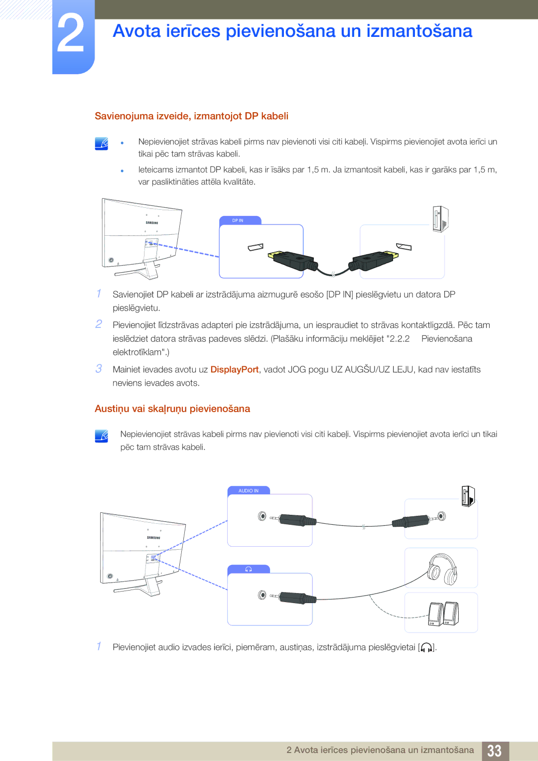 Samsung LS27E591CS/EN manual Savienojuma izveide, izmantojot DP kabeli, Austiņu vai skaļruņu pievienošana 