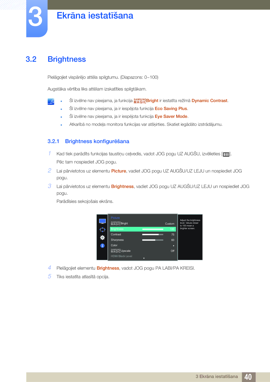 Samsung LS27E591CS/EN manual Brightness konfigurēšana 