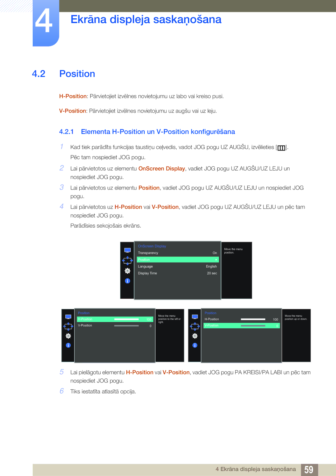 Samsung LS27E591CS/EN manual Elementa H-Position un V-Position konfigurēšana 