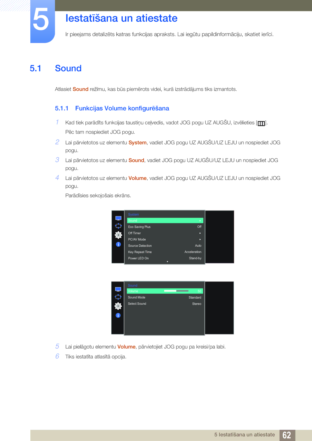 Samsung LS27E591CS/EN manual Iestatīšana un atiestate, Sound, Funkcijas Volume konfigurēšana 