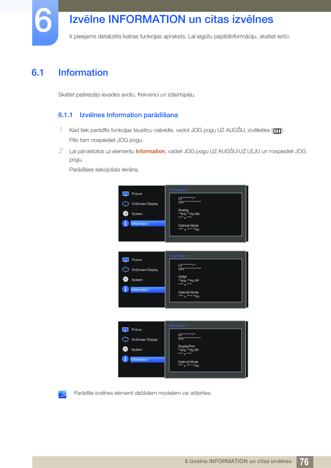 Samsung LS27E591CS/EN manual Izvēlne Information un citas izvēlnes, 1 Izvēlnes Information parādīšana 