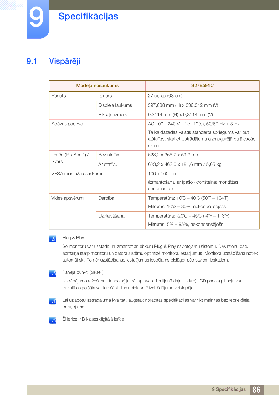 Samsung LS27E591CS/EN manual Specifikācijas, Vispārēji 