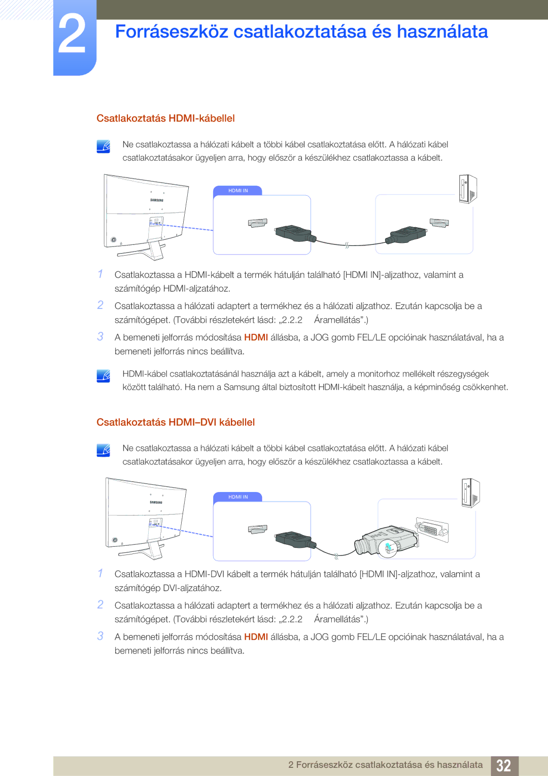 Samsung LS27E591CS/EN manual Csatlakoztatás HDMI-kábellel, Csatlakoztatás HDMI-DVI kábellel 